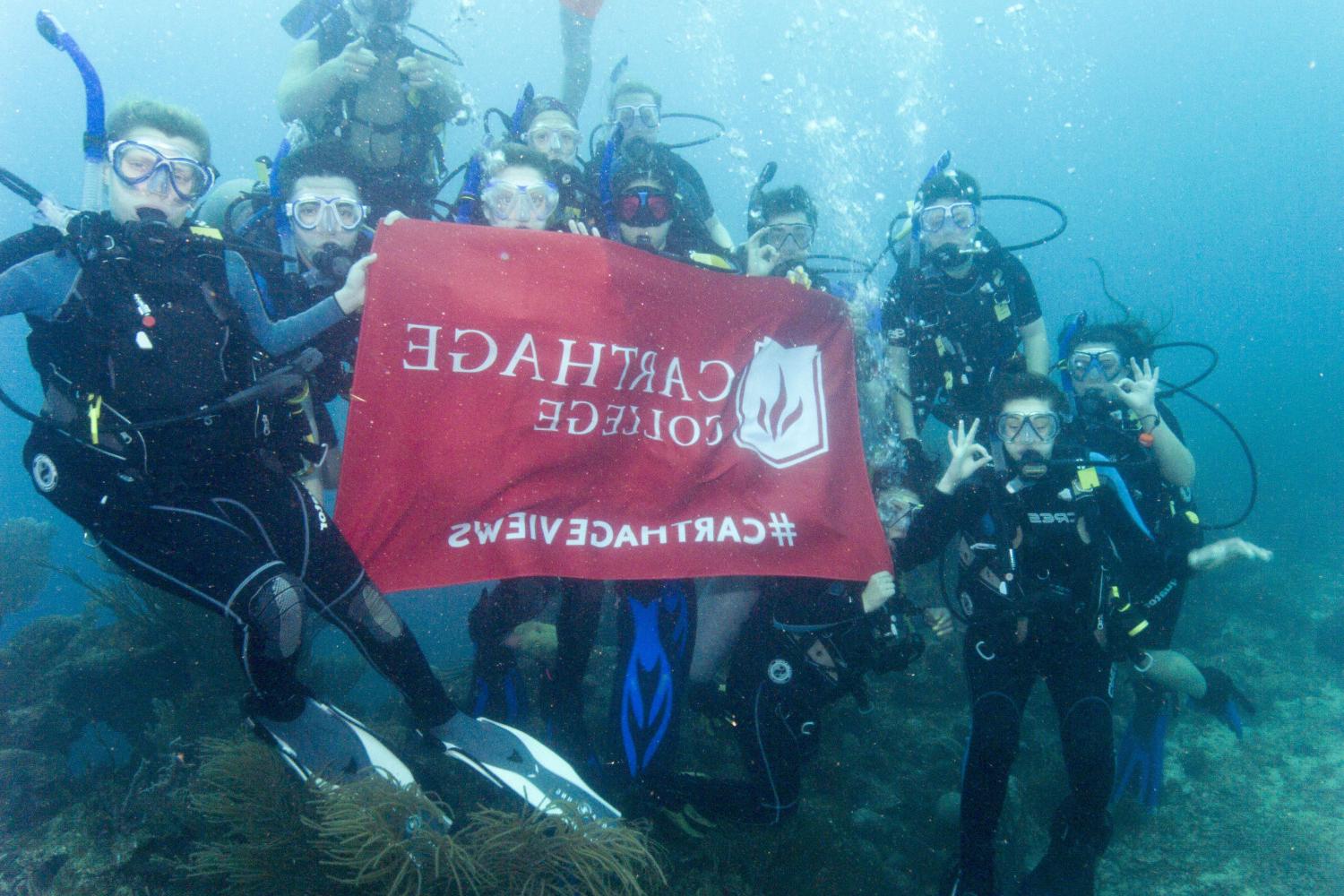 学生们手持<a href='http://qm.tianbo588.net'>全球十大赌钱排行app</a>旗帜，在j学期洪都拉斯游学之旅中潜水.